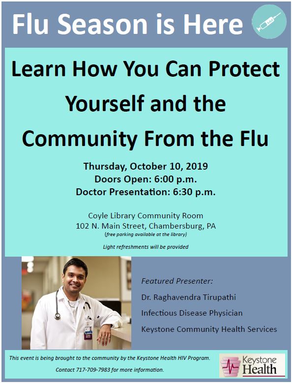 Information flyer announcing a flu prevention event on October 10, 2019, at Coyle Library, with a photo of Dr. Raghavendra Tirupathi, the featured doctor, and Keystone Health and HIV Program logos.