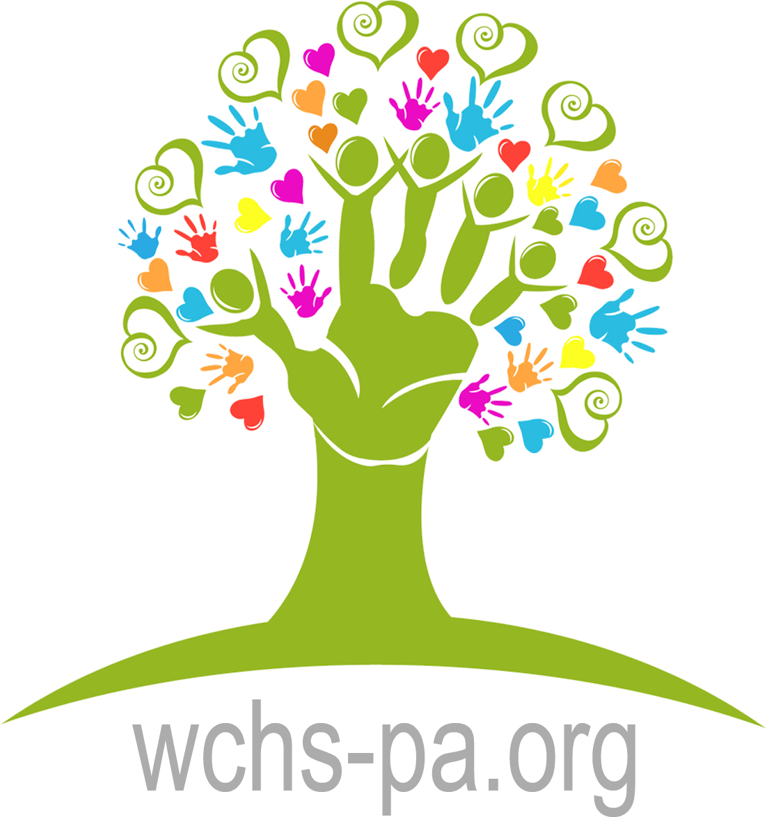 A green tree with branches formed by handprints and colorful hearts and handprints as leaves. The text "wchs-pa.org" appears below the tree.