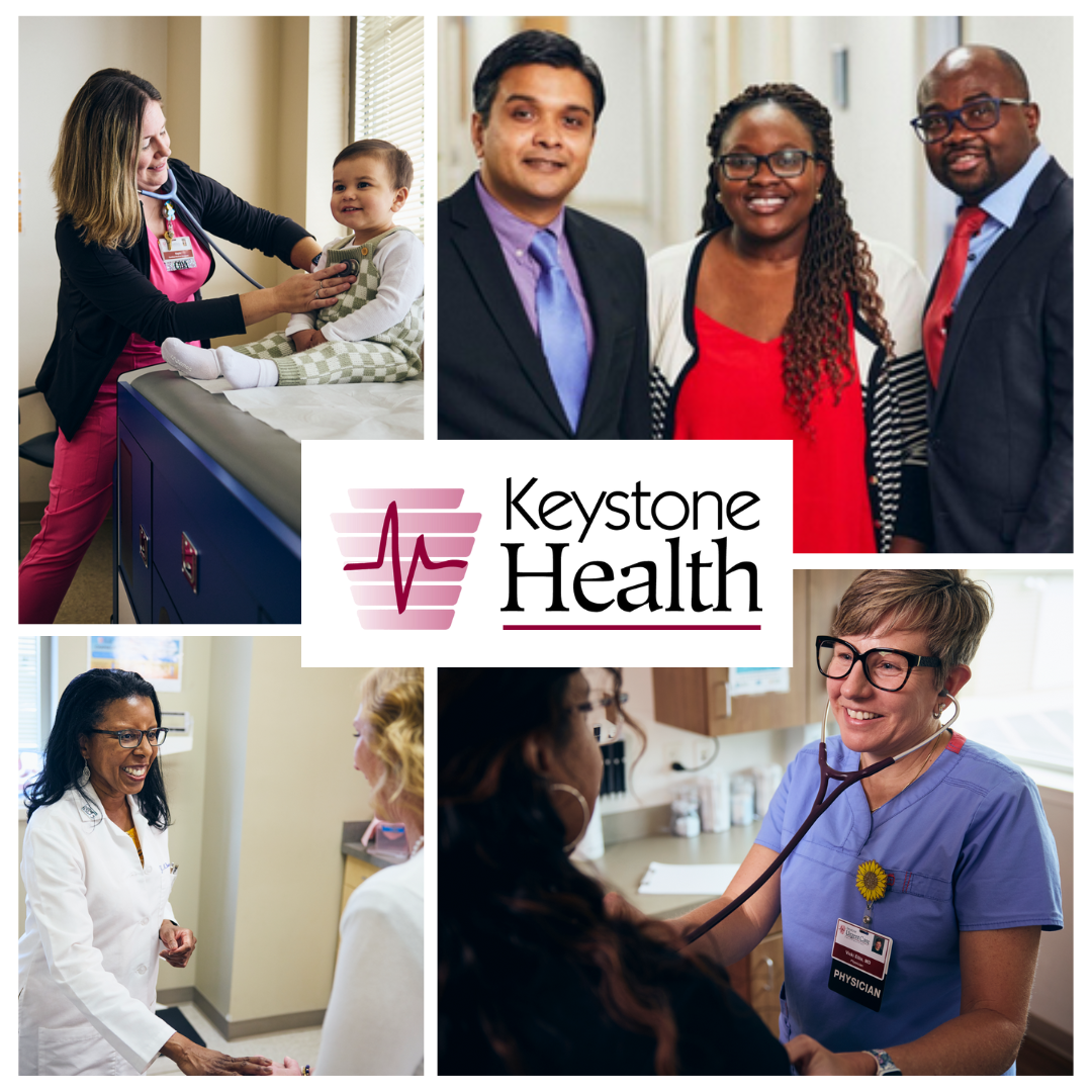 A collage featuring healthcare professionals interacting with patients, the Keystone Health logo in the center, and a group of three staff members smiling in business attire.